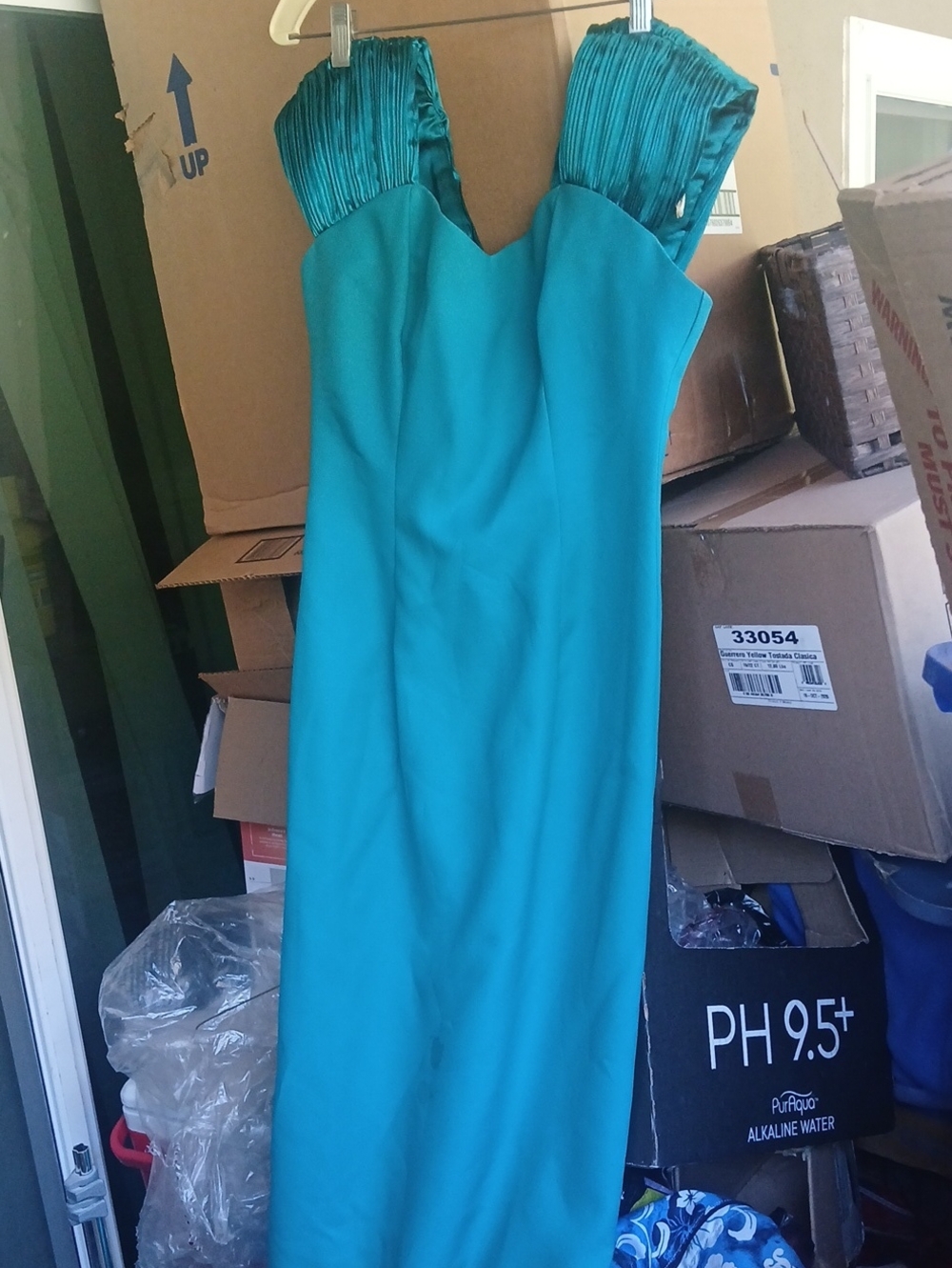 Teal Strapless Evening Gown with Pleated Bodice